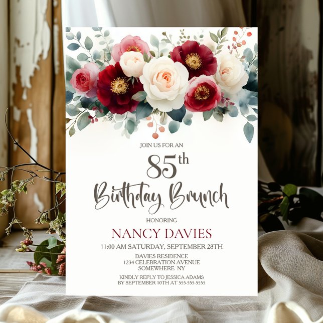 Burgundy and White Floral 85th Birthday Brunch Invitation (Creator Uploaded)