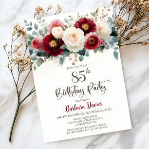 Burgundy and White Floral 85th Birthday Party Invitation