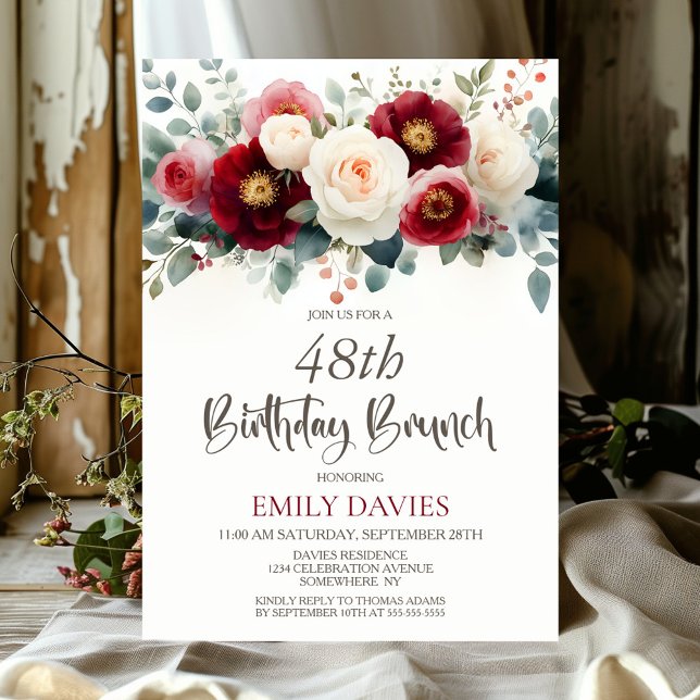 Burgundy and White Floral Any Age Birthday Brunch Invitation (Creator Uploaded)