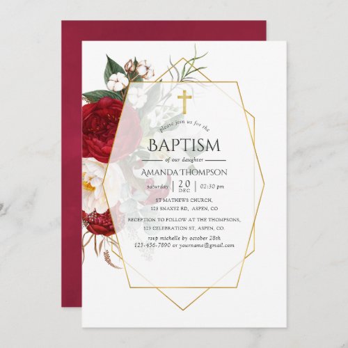 Burgundy and White Floral Geometric Baptism Invitation