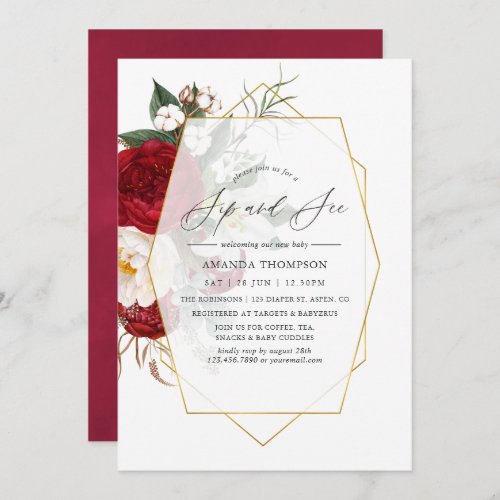 Burgundy and White Floral Geometric Sip and See Invitation