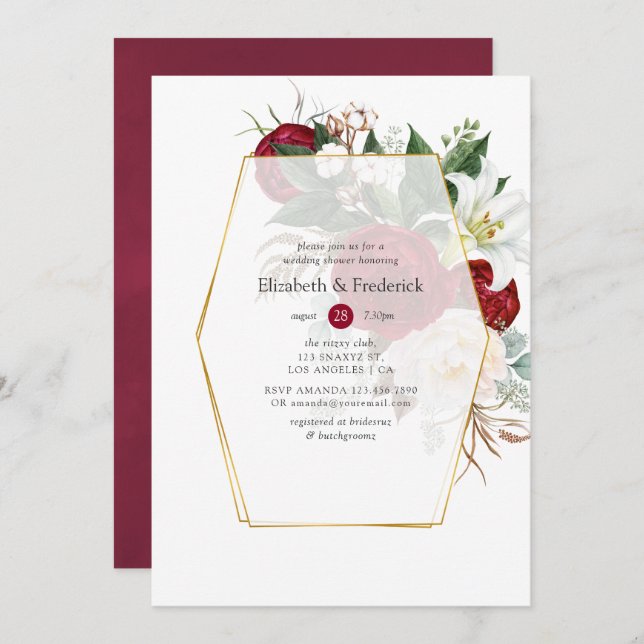 Burgundy and White Floral Geometric Wedding Shower Invitation (Front/Back)