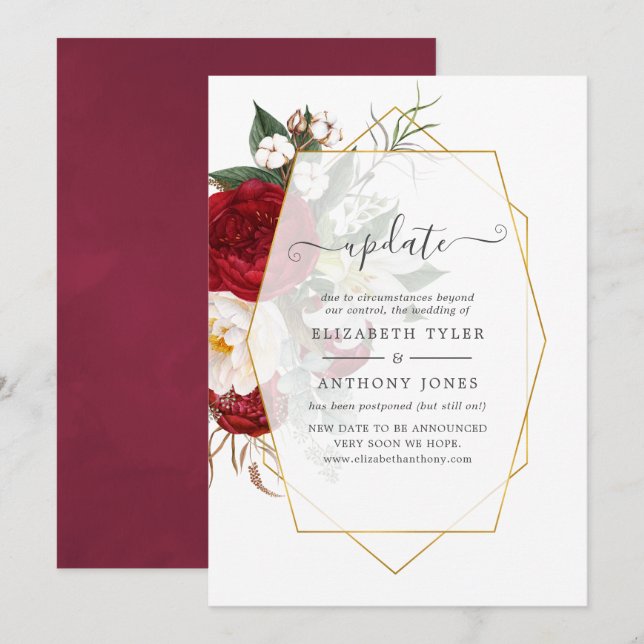 Burgundy and White Floral Geometric Wedding Update Invitation (Front/Back)