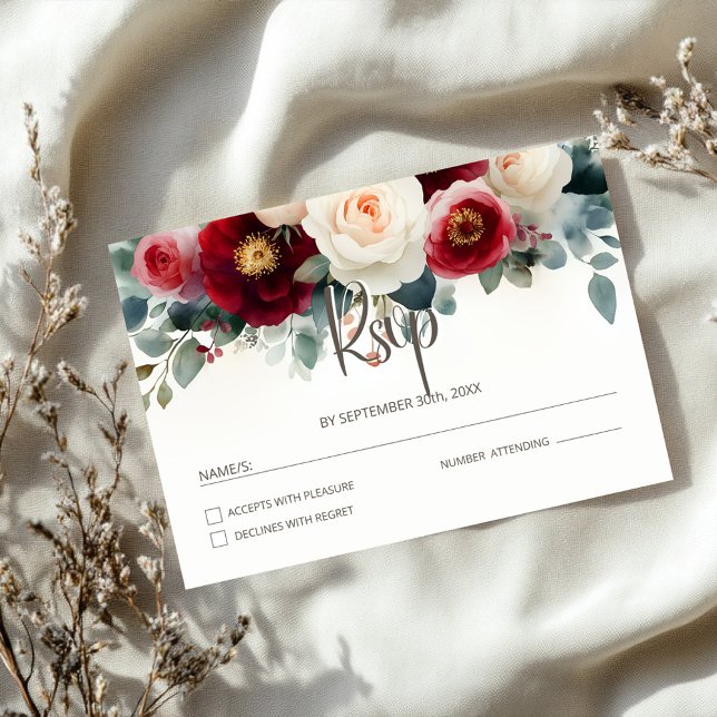 Burgundy and White Floral Wedding RSVP Card (Creator Uploaded)