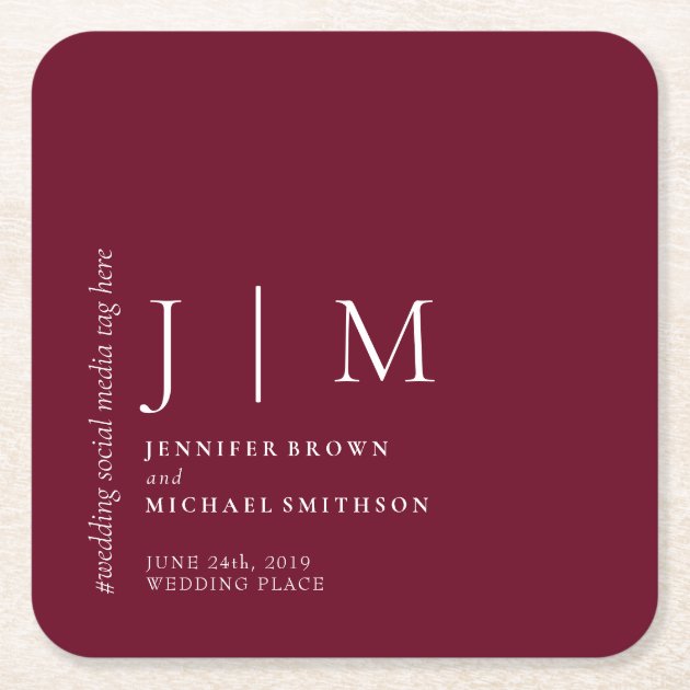 Burgundy and White Formal Simple Elegant Wedding Square Paper Coaster