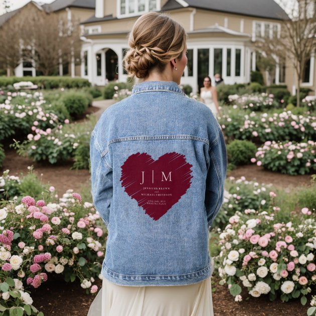 Burgundy and White Formal Simple Monogram heart Denim Jacket