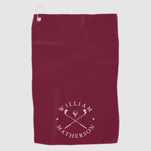 Burgundy And White Golf Clubs Personalized Name Golf Towel