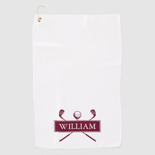 Burgundy And White Golf Clubs Personalized Name Golf Towel