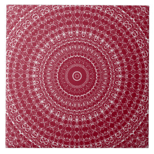 Burgundy and White Intricate Mandala Pattern Ceramic Tile