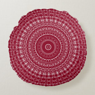 Burgundy and White Intricate Mandala Pattern Round Pillow