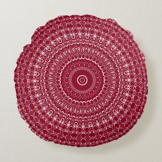 Burgundy and White Intricate Mandala Pattern Round Pillow (Front)
