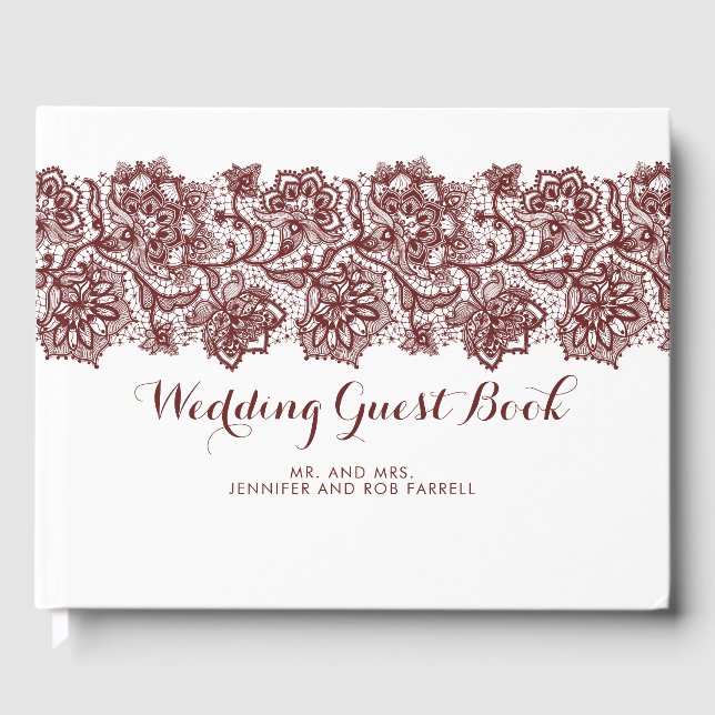 Burgundy and White Lace Wedding Guest Book (Front)