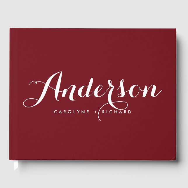 Burgundy and White Modern Calligraphy Wedding Guest Book (Front)