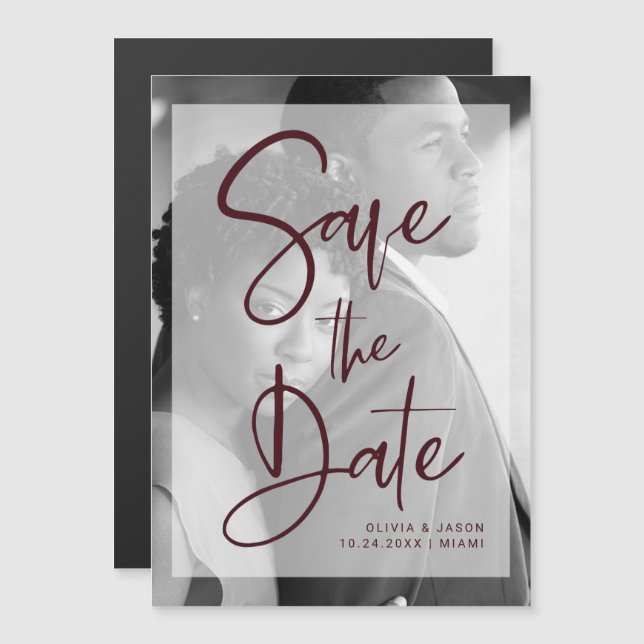 Burgundy and White Overlay | Photo Save the Date Magnetic Invitation (Front/Back)