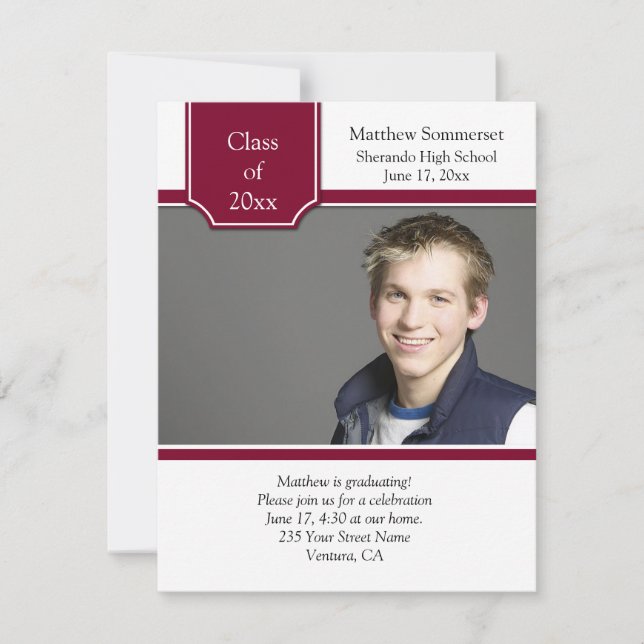 Burgundy and White Photo Graduation Invitation (Front)