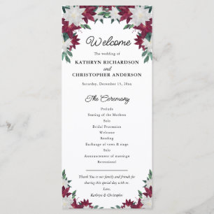 Burgundy and White Poinsettia Christmas Wedding Program