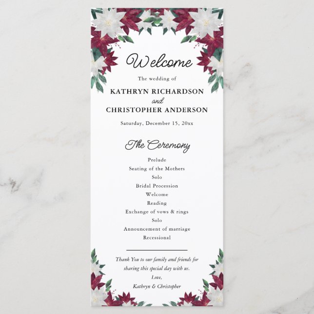 Burgundy and White Poinsettia Christmas Wedding Program (Front)