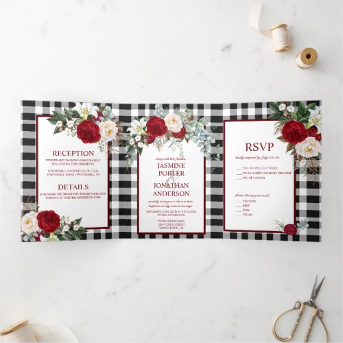 Burgundy and White Roses Buffalo Plaid Wedding Tri_Fold Invitation