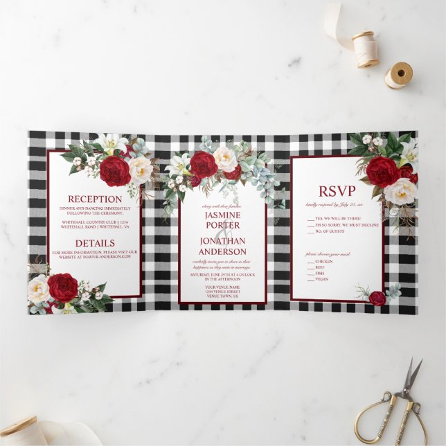 Burgundy and White Roses, Buffalo Plaid Wedding Tri-Fold Invitation (Inside)