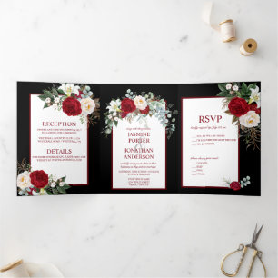 Burgundy and White Roses, on Black Background Tri-Fold Invitation