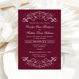 Burgundy and White Scroll Wedding Invitation