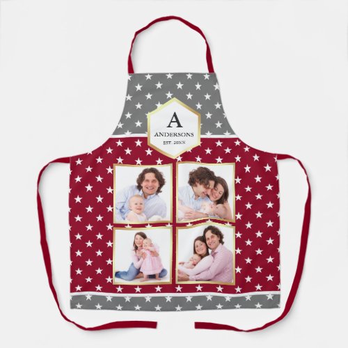 Burgundy and White Stars Pattern Photo Collage Apron