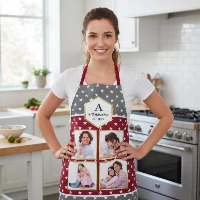 Burgundy and White Stars Pattern Photo Collage Apron (Creator Uploaded)