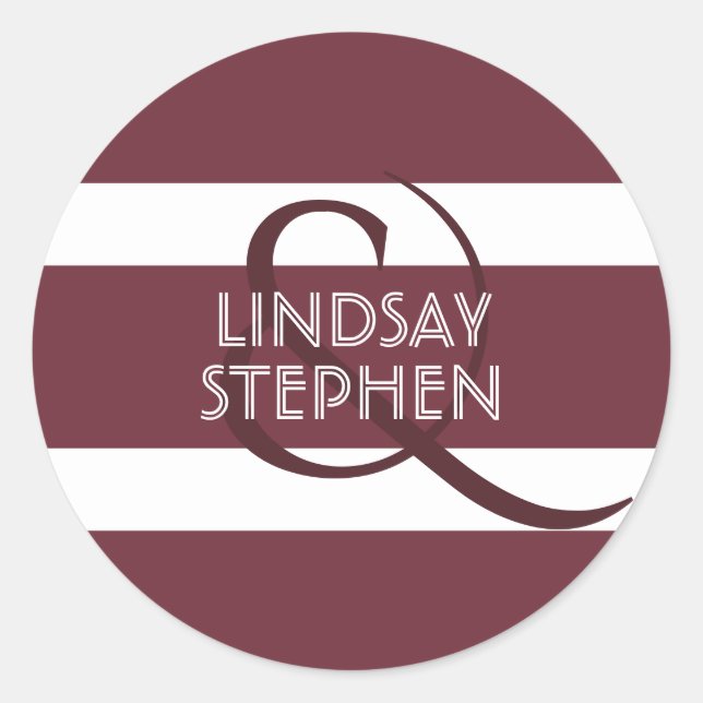 Burgundy and White Stripes Modern Wedding Classic Round Sticker (Front)
