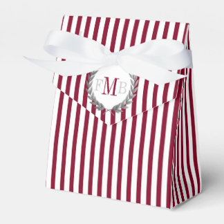 Burgundy and white stripes monogram wedding favor boxes