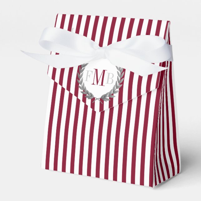 Burgundy and white stripes monogram wedding favor boxes (Front Side)