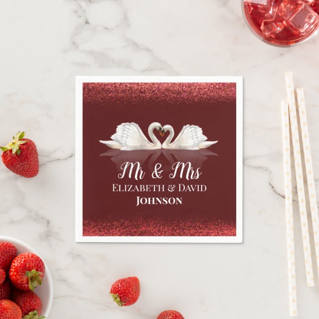 Burgundy and White Themed with Swans Wedding Napkins (Insitu)