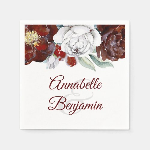 Burgundy and White Watercolor Floral Wedding Paper Napkins