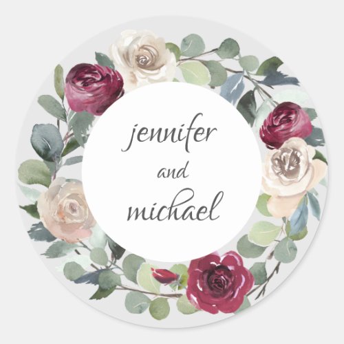 Burgundy and White Watercolor Roses Floral Classic Round Sticker