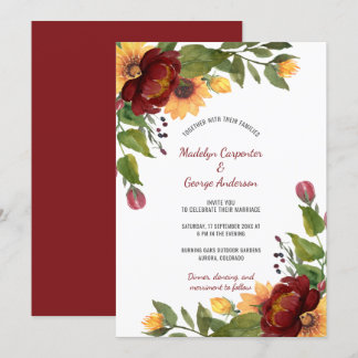Burgundy and Yellow Peonies Sunflowers Wedding | Invitation