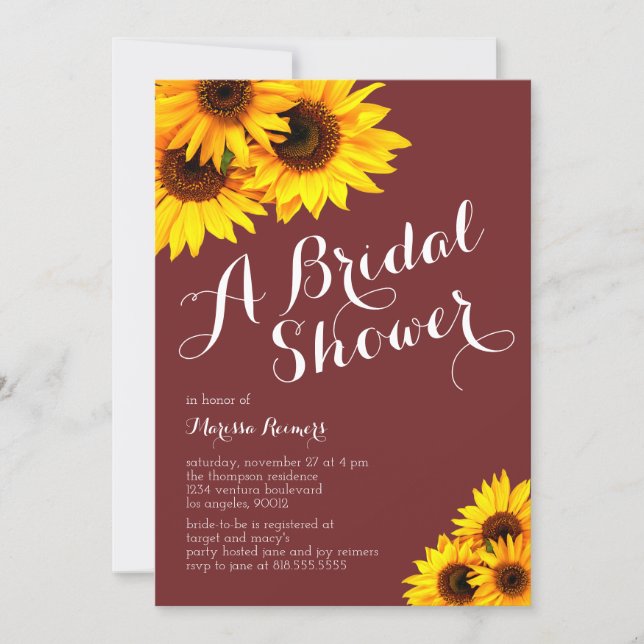 Burgundy and Yellow Sunflowers Bridal Shower Invitation (Front)