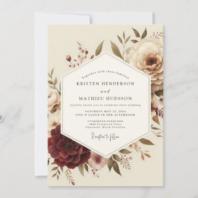 Burgundy Antique Floral Wedding Invitation (Front)