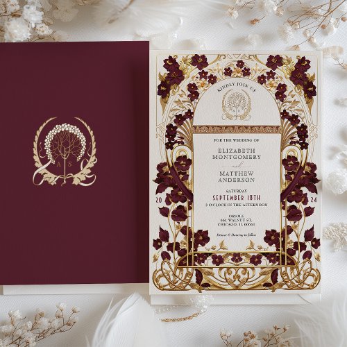 Burgundy  Antique Gold Floral Wedding Invitation