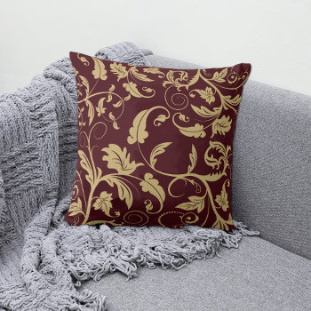 Burgundy Antique Gold Retro Leaf Swirl Throw Pillow by Westerngirl2 at Zazzle