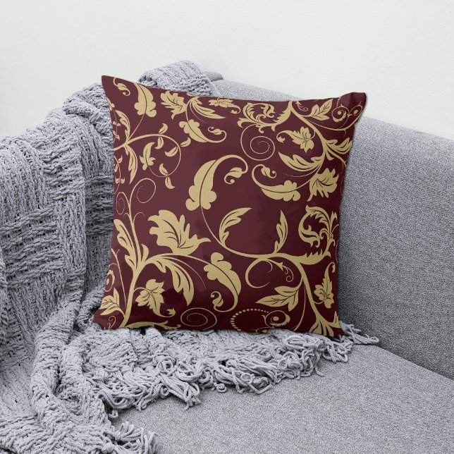 Burgundy Antique Gold Retro Leaf Swirl Throw Pillow (Creator Uploaded)