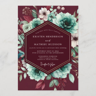Burgundy & Aqua Lavish Floral Wedding Invitation