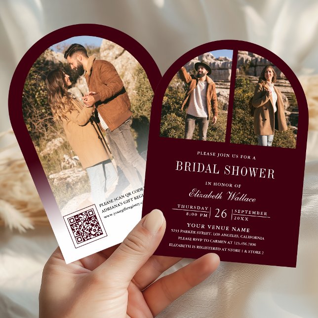 Burgundy Arch Photo QR Code Bridal Shower Invitation (Creator Uploaded)