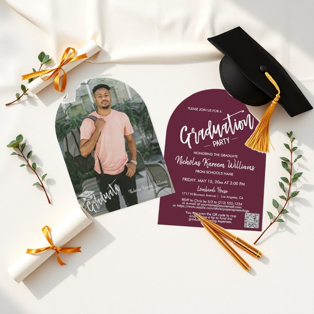 Burgundy Arch Photo QR Code Grad Party  Invitation (Creator Uploaded)