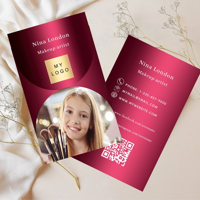 Burgundy arch photo Qr social media logo Business Card (Creator Uploaded)