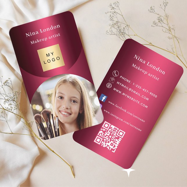 Burgundy arch photo Qr social media logo Business Card (Creator Uploaded)