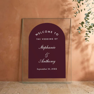 Burgundy Arch Tuscan Villa Wedding Welcome Acrylic Sign
