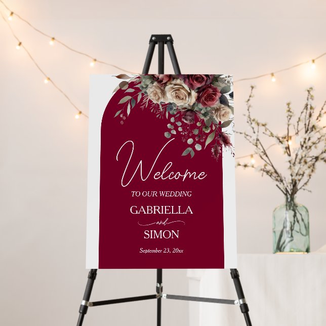 Burgundy Arch with Roses Wedding Welcome Foam Board (In Situ (Stand))