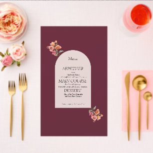 Burgundy Arched Floral Wedding Dinner Menu Card