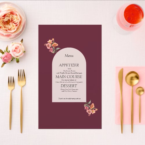 Burgundy Arched Floral Wedding Dinner Menu Card