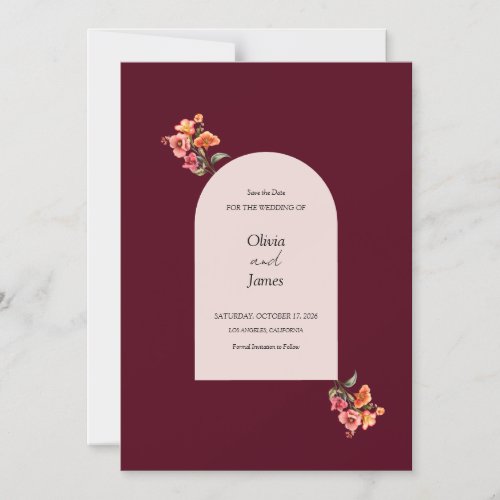 Burgundy Arched Floral Wedding Save the Date Magnetic Invitation