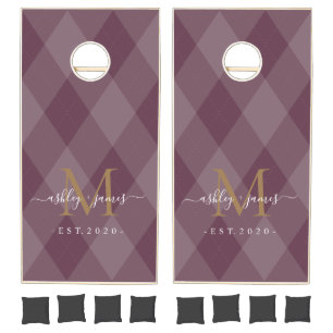Burgundy Argyle Gold Monogram Newlywed Cornhole Set